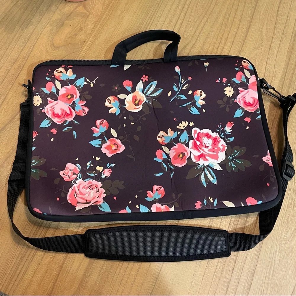 Floral laptop bag, laptop sleeve with handles and shoulder strap, women computer